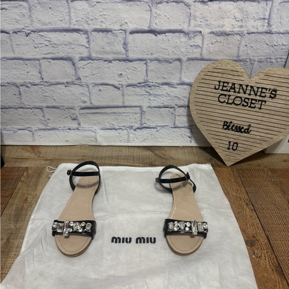 MIU MIU Crystal Embellished Black Strap Sandals